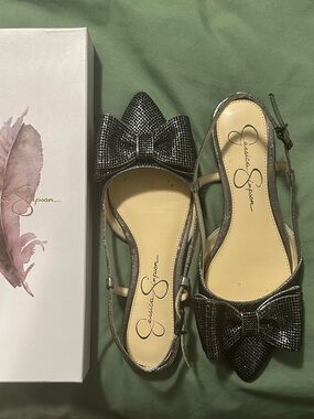 Jessica Simpson Gunmetal Metallic Bow Pointed Slingback Flats